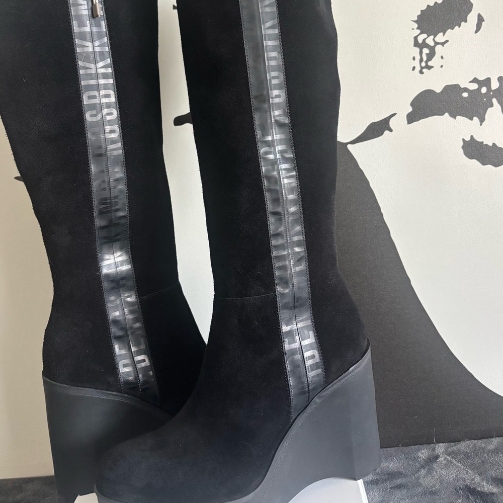 Bikkembergs Black Suede Wedge Knee-High Boots with Logo Zip